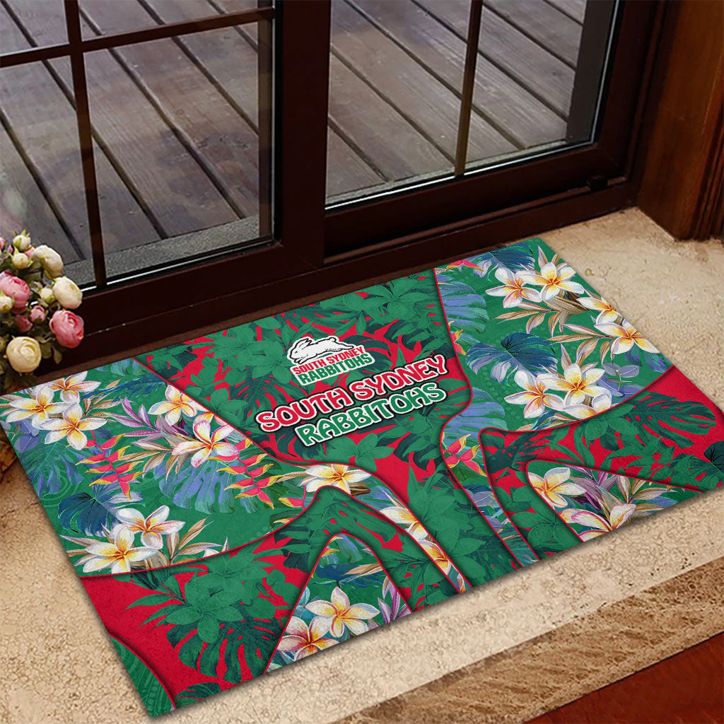South Sydney Rabbitohs Rubber Doormat Tropical Hibiscus Floral Pattern With Green And Red Accents