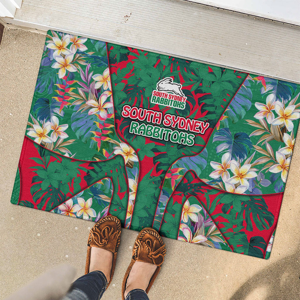 South Sydney Rabbitohs Rubber Doormat Tropical Hibiscus Floral Pattern With Green And Red Accents