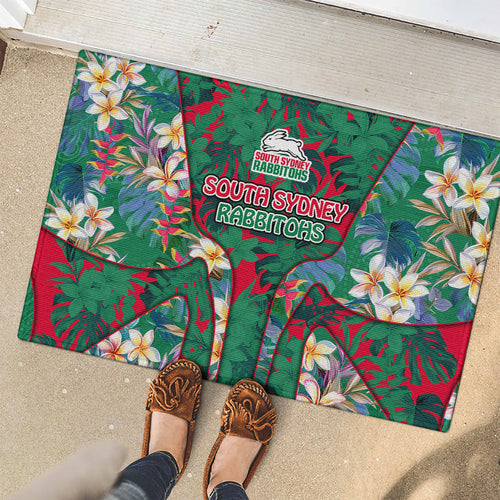 South Sydney Rabbitohs Rubber Doormat Tropical Hibiscus Floral Pattern With Green And Red Accents