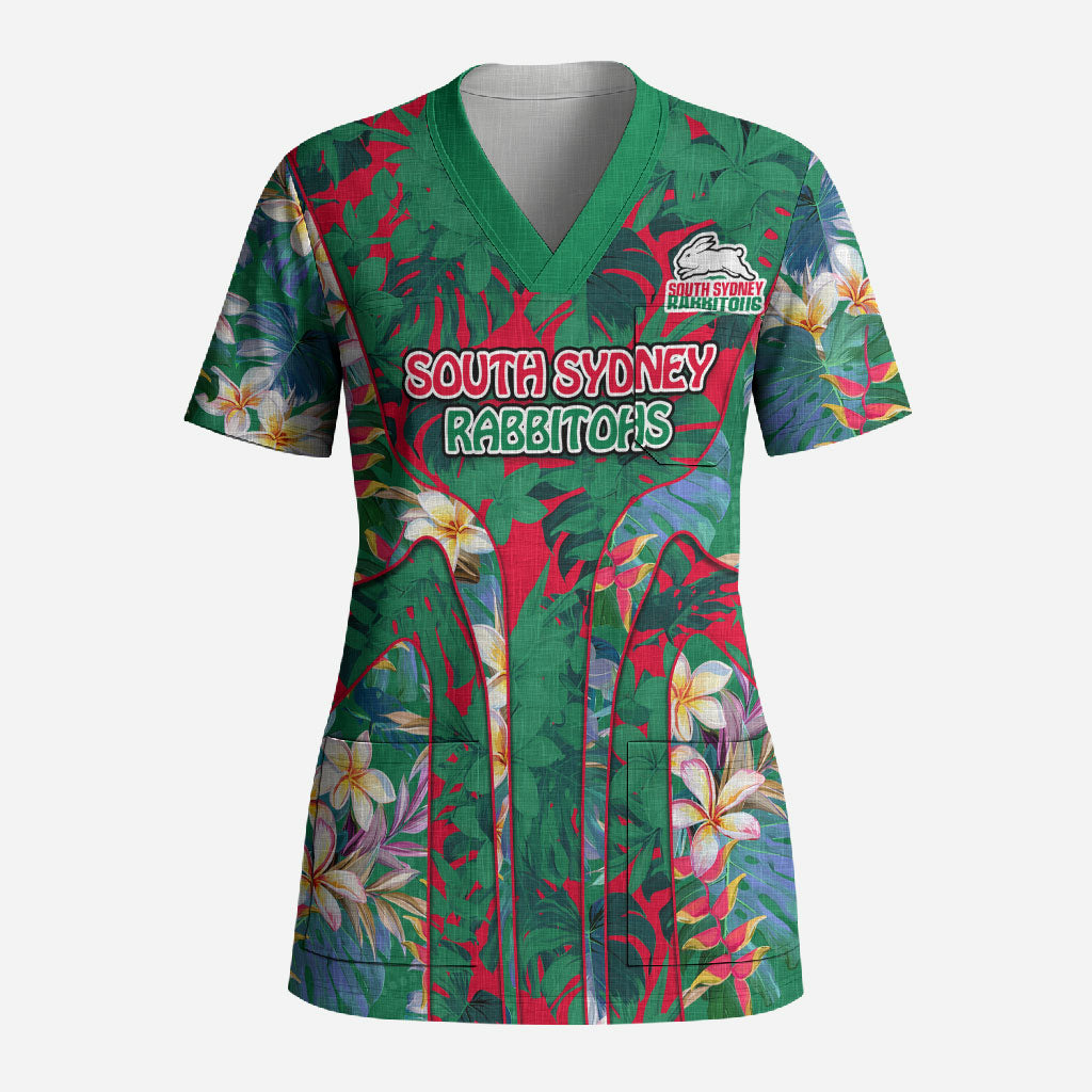 South Sydney Rabbitohs Scrub Top Tropical Hibiscus Floral Pattern With Green And Red Accents