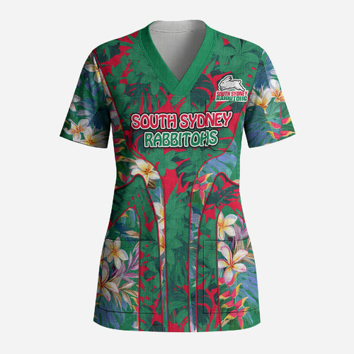 South Sydney Rabbitohs Scrub Top Tropical Hibiscus Floral Pattern With Green And Red Accents