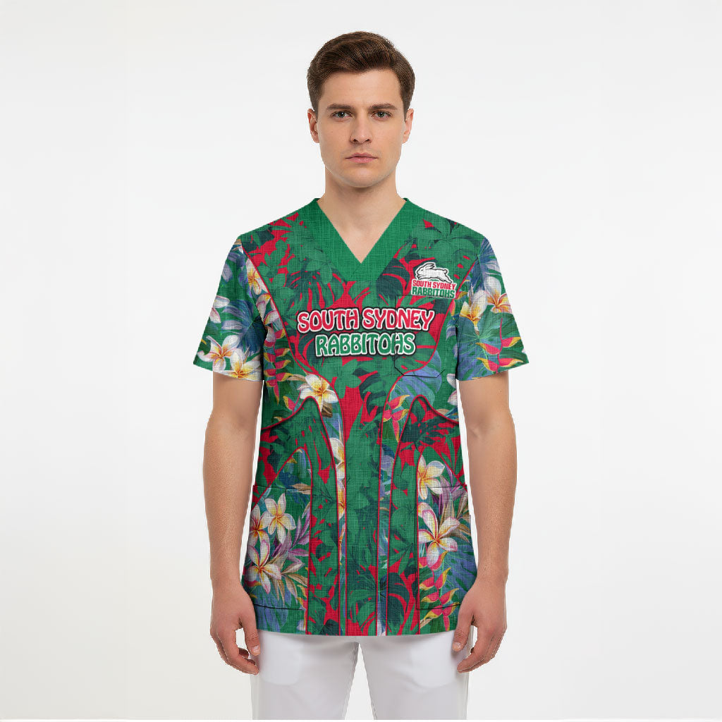 South Sydney Rabbitohs Scrub Top Tropical Hibiscus Floral Pattern With Green And Red Accents