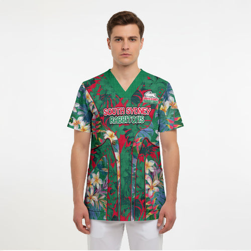 South Sydney Rabbitohs Scrub Top Tropical Hibiscus Floral Pattern With Green And Red Accents