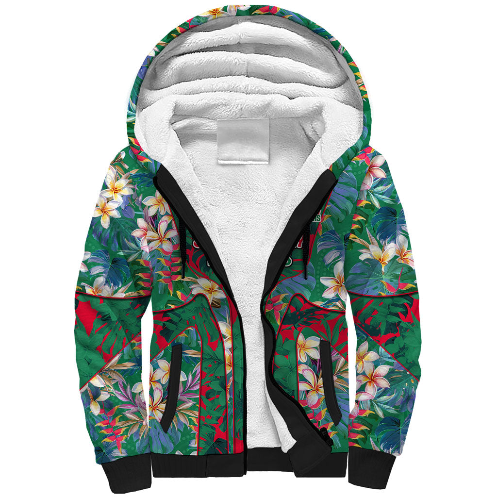 South Sydney Rabbitohs Sherpa Hoodie Tropical Hibiscus Floral Pattern With Green And Red Accents