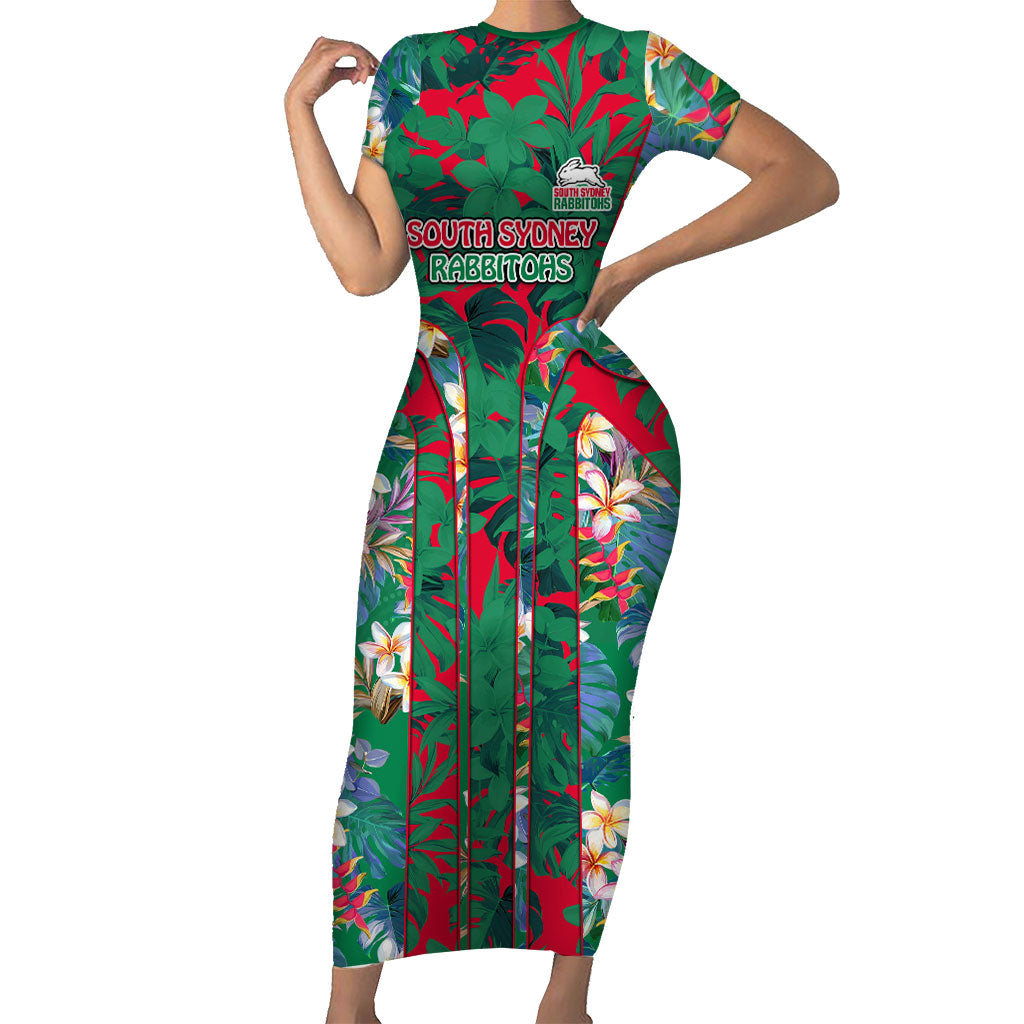South Sydney Rabbitohs Short Sleeve Bodycon Dress Tropical Hibiscus Floral Pattern With Green And Red Accents