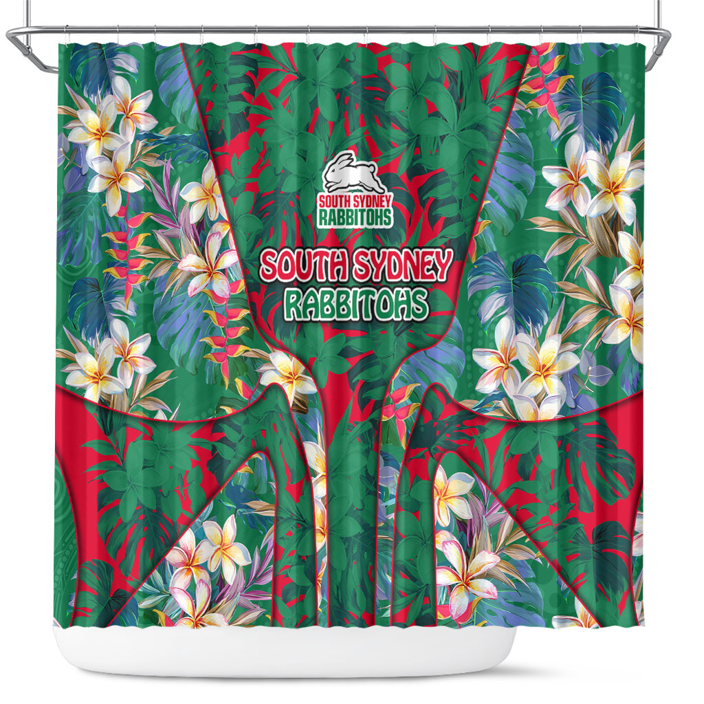 South Sydney Rabbitohs Shower Curtain Tropical Hibiscus Floral Pattern With Green And Red Accents