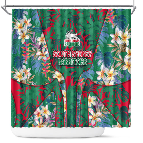 South Sydney Rabbitohs Shower Curtain Tropical Hibiscus Floral Pattern With Green And Red Accents