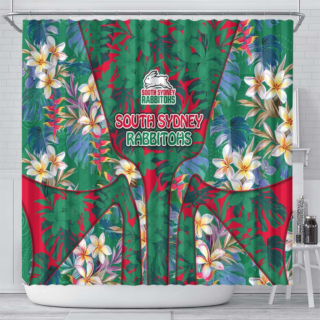 South Sydney Rabbitohs Shower Curtain Tropical Hibiscus Floral Pattern With Green And Red Accents