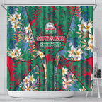 South Sydney Rabbitohs Shower Curtain Tropical Hibiscus Floral Pattern With Green And Red Accents