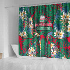 South Sydney Rabbitohs Shower Curtain Tropical Hibiscus Floral Pattern With Green And Red Accents