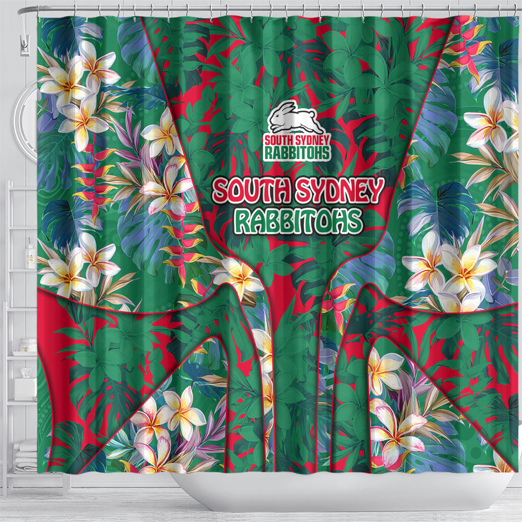 South Sydney Rabbitohs Shower Curtain Tropical Hibiscus Floral Pattern With Green And Red Accents