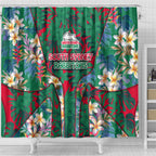 South Sydney Rabbitohs Shower Curtain Tropical Hibiscus Floral Pattern With Green And Red Accents