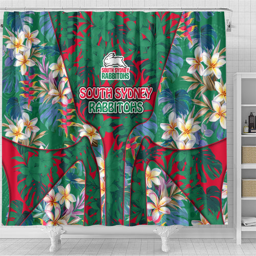 South Sydney Rabbitohs Shower Curtain Tropical Hibiscus Floral Pattern With Green And Red Accents
