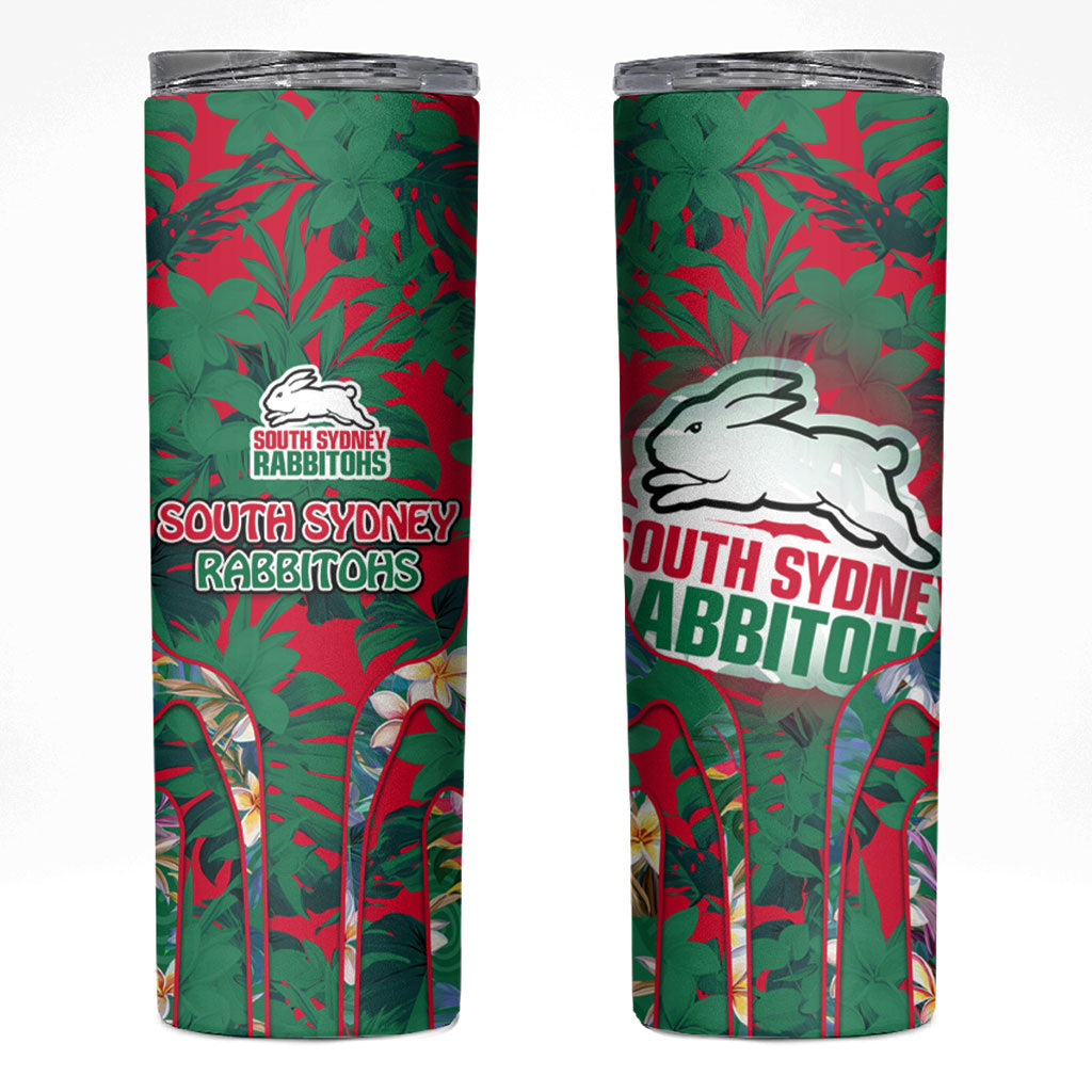 South Sydney Rabbitohs Skinny Tumbler Tropical Hibiscus Floral Pattern With Green And Red Accents