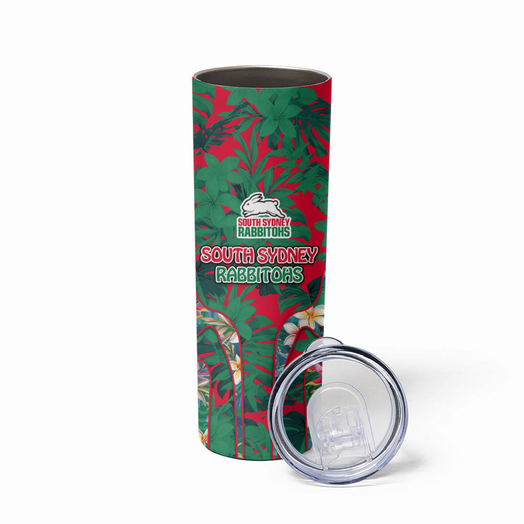South Sydney Rabbitohs Skinny Tumbler Tropical Hibiscus Floral Pattern With Green And Red Accents