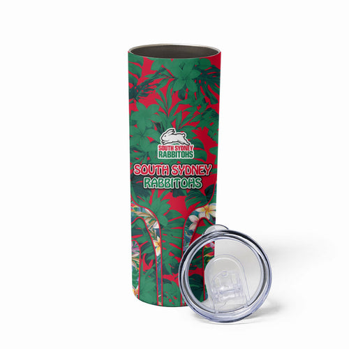 South Sydney Rabbitohs Skinny Tumbler Tropical Hibiscus Floral Pattern With Green And Red Accents