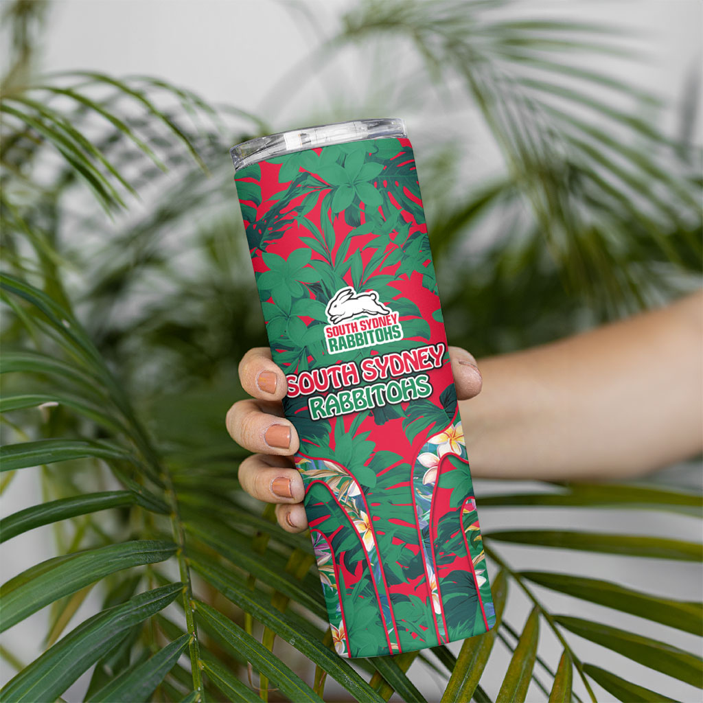 South Sydney Rabbitohs Skinny Tumbler Tropical Hibiscus Floral Pattern With Green And Red Accents