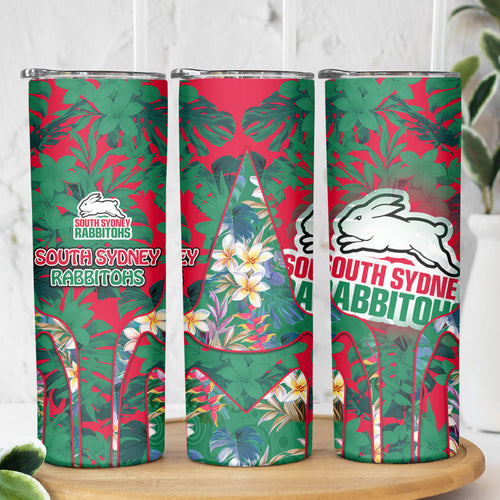 South Sydney Rabbitohs Skinny Tumbler Tropical Hibiscus Floral Pattern With Green And Red Accents