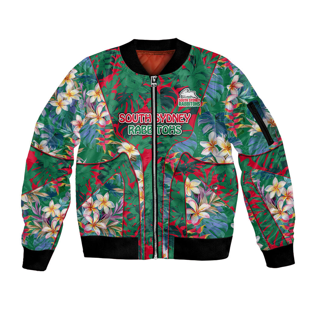 South Sydney Rabbitohs Sleeve Zip Bomber Jacket Tropical Hibiscus Floral Pattern With Green And Red Accents