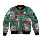 South Sydney Rabbitohs Sleeve Zip Bomber Jacket Tropical Hibiscus Floral Pattern With Green And Red Accents