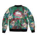 South Sydney Rabbitohs Sleeve Zip Bomber Jacket Tropical Hibiscus Floral Pattern With Green And Red Accents