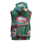South Sydney Rabbitohs Sleeveless Hoodie Tropical Hibiscus Floral Pattern With Green And Red Accents