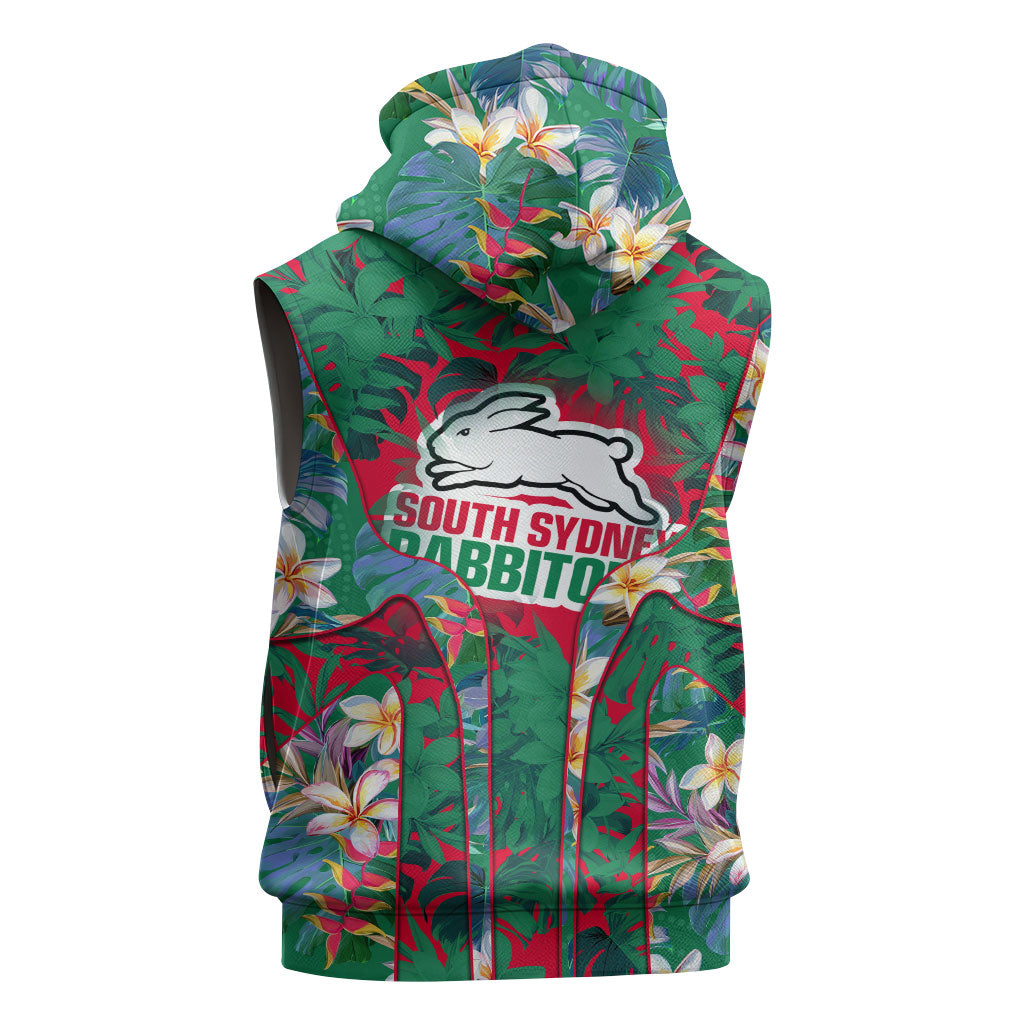 South Sydney Rabbitohs Sleeveless Hoodie Tropical Hibiscus Floral Pattern With Green And Red Accents
