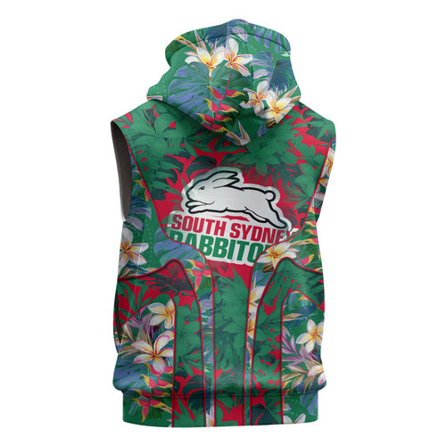South Sydney Rabbitohs Sleeveless Hoodie Tropical Hibiscus Floral Pattern With Green And Red Accents