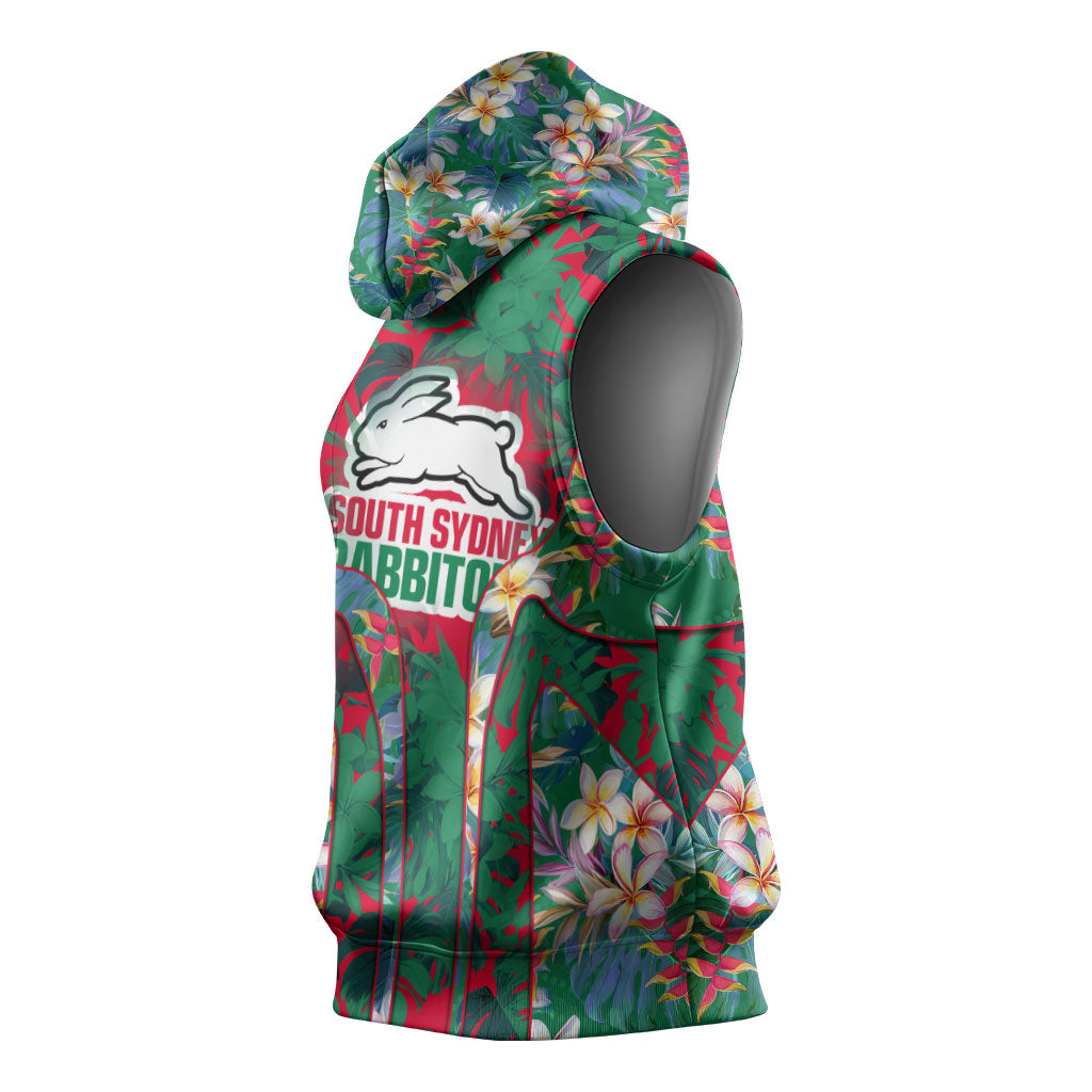South Sydney Rabbitohs Sleeveless Hoodie Tropical Hibiscus Floral Pattern With Green And Red Accents
