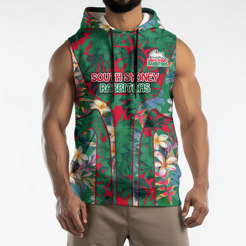 South Sydney Rabbitohs Sleeveless Hoodie Tropical Hibiscus Floral Pattern With Green And Red Accents