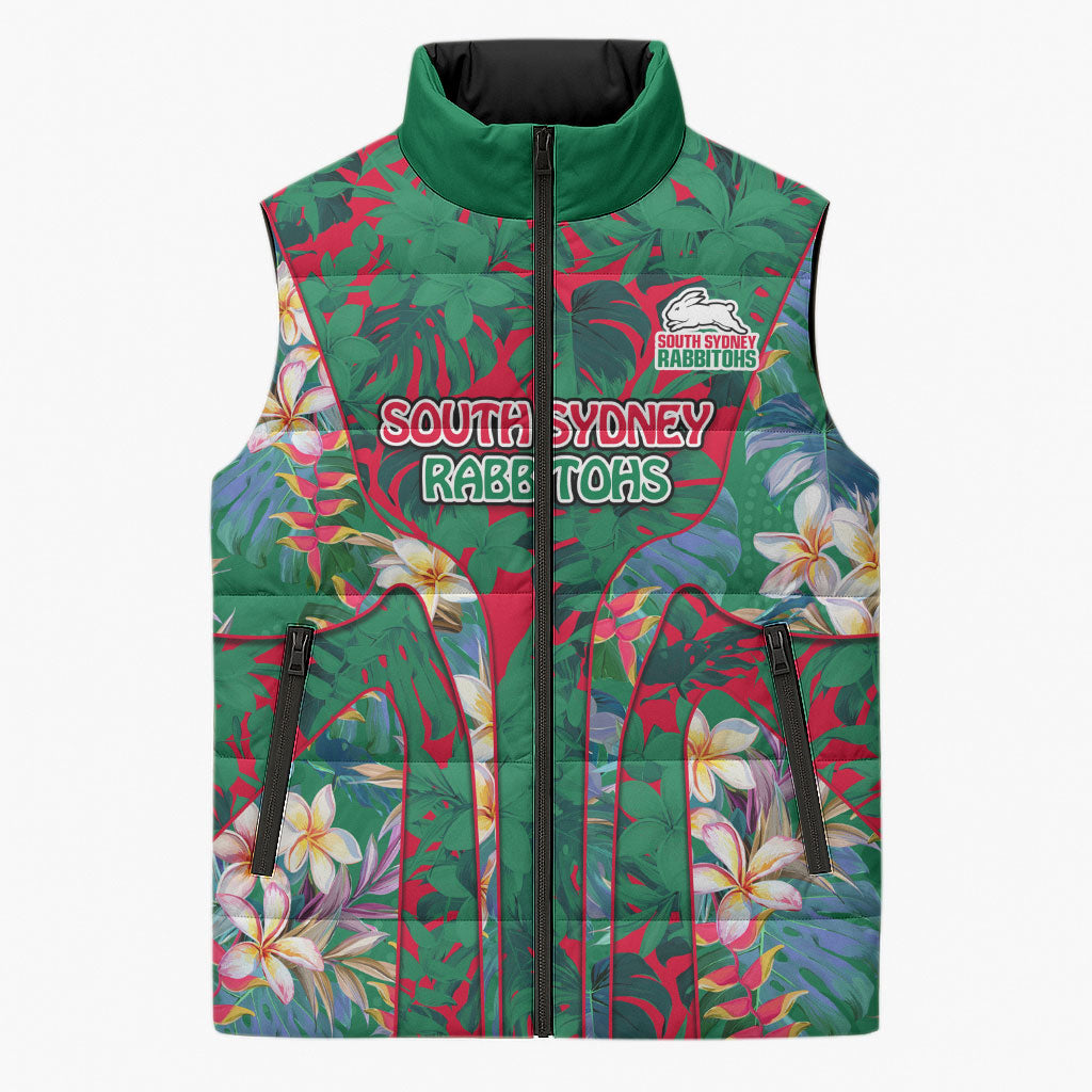 South Sydney Rabbitohs Sleeveless Puffer Jacket Tropical Hibiscus Floral Pattern With Green And Red Accents