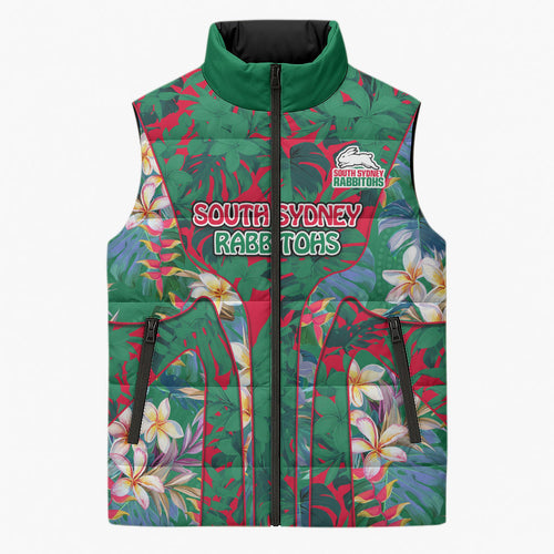 South Sydney Rabbitohs Sleeveless Puffer Jacket Tropical Hibiscus Floral Pattern With Green And Red Accents