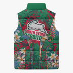 South Sydney Rabbitohs Sleeveless Puffer Jacket Tropical Hibiscus Floral Pattern With Green And Red Accents