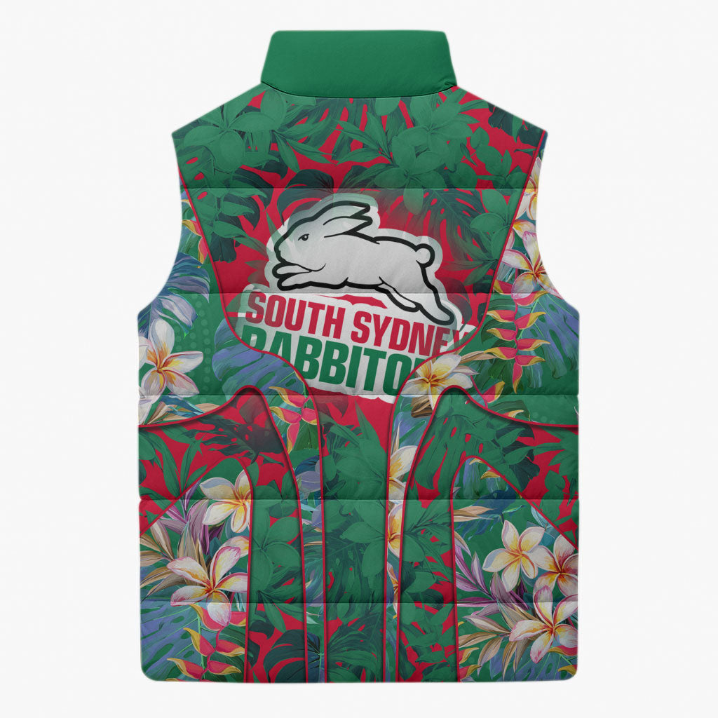 South Sydney Rabbitohs Sleeveless Puffer Jacket Tropical Hibiscus Floral Pattern With Green And Red Accents