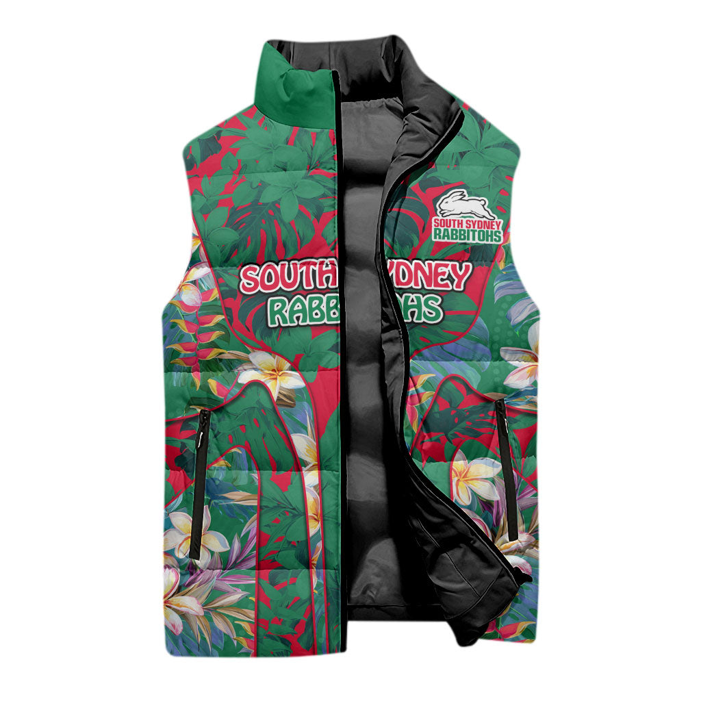South Sydney Rabbitohs Sleeveless Puffer Jacket Tropical Hibiscus Floral Pattern With Green And Red Accents