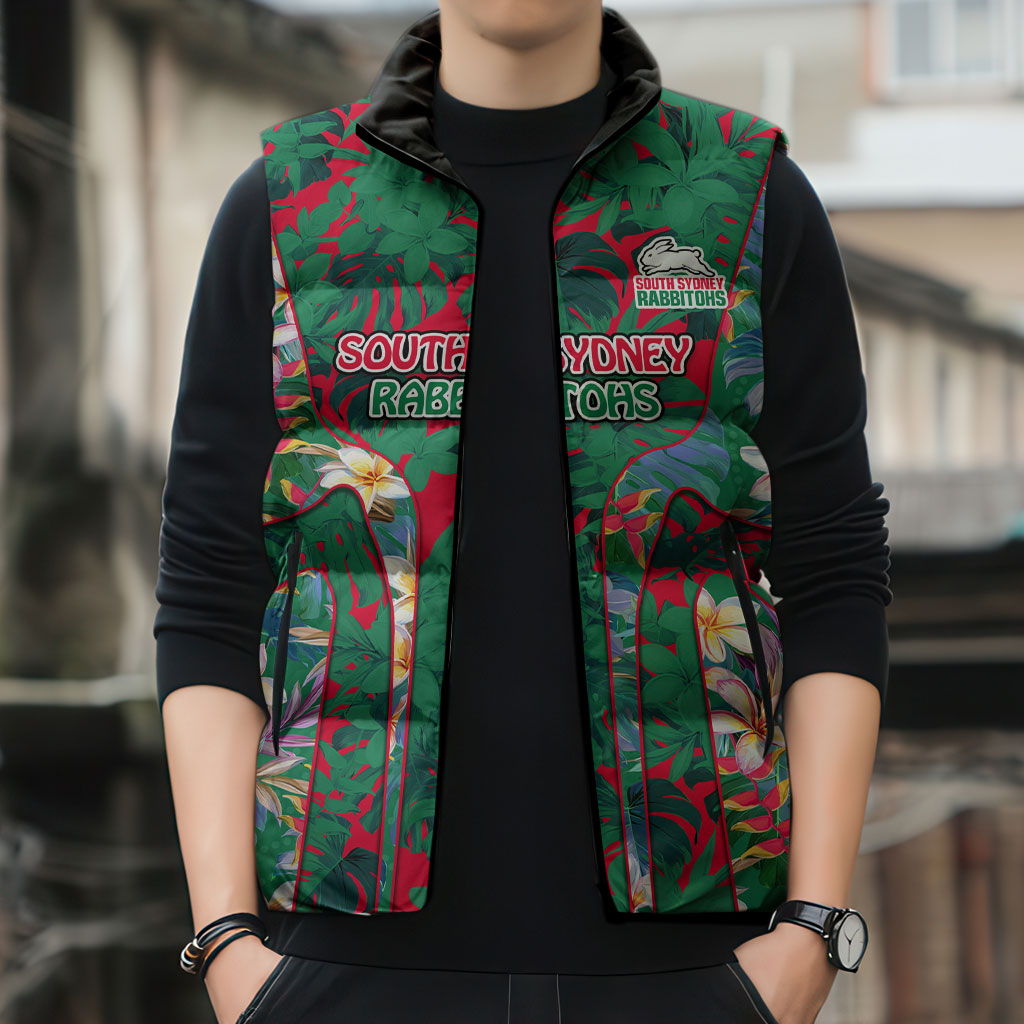 South Sydney Rabbitohs Sleeveless Puffer Jacket Tropical Hibiscus Floral Pattern With Green And Red Accents