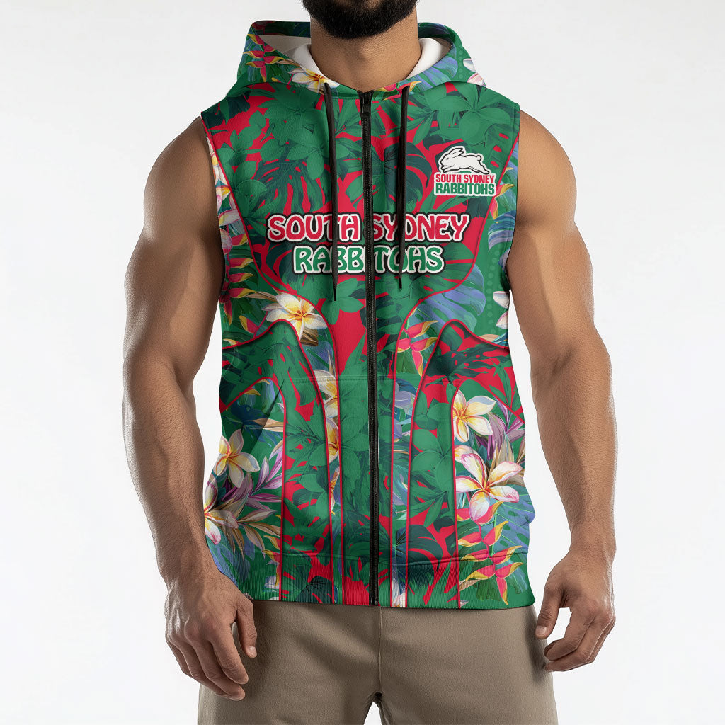 South Sydney Rabbitohs Sleeveless Zip Hoodie Tropical Hibiscus Floral Pattern With Green And Red Accents
