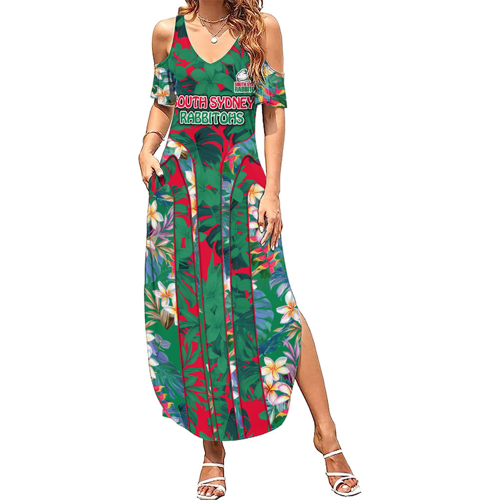 South Sydney Rabbitohs Summer Maxi Dress Tropical Hibiscus Floral Pattern With Green And Red Accents