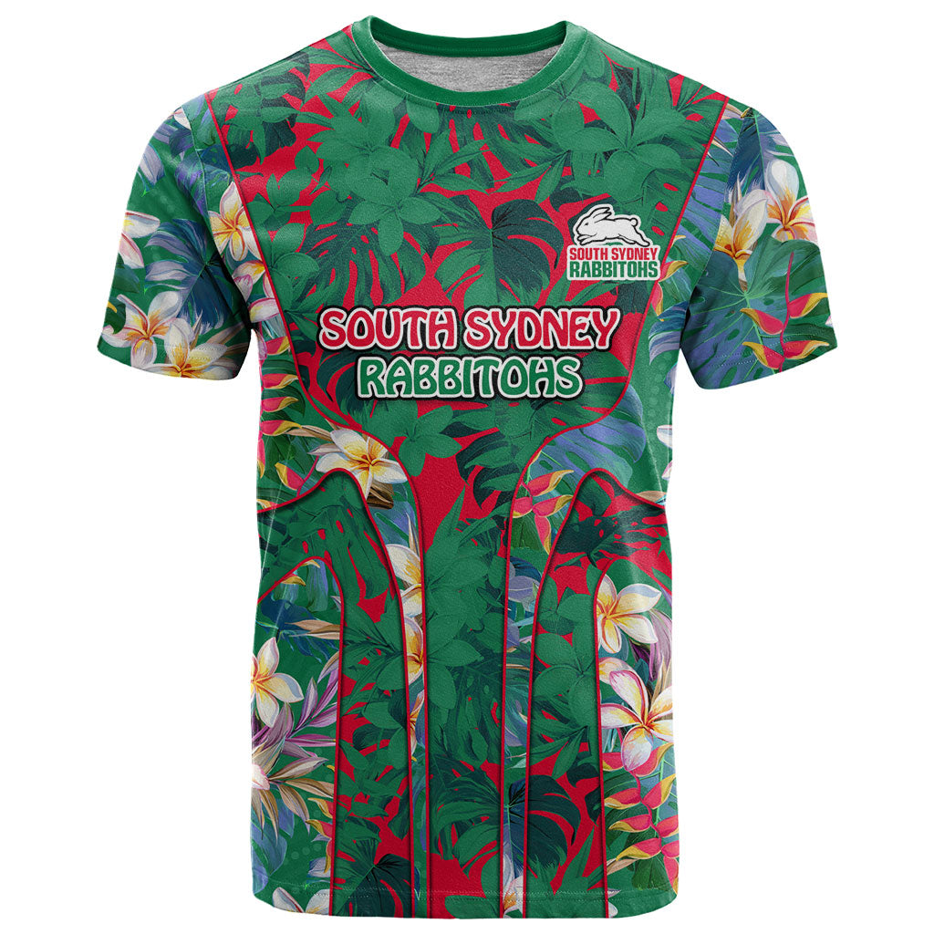 South Sydney Rabbitohs T Shirt Tropical Hibiscus Floral Pattern With Green And Red Accents