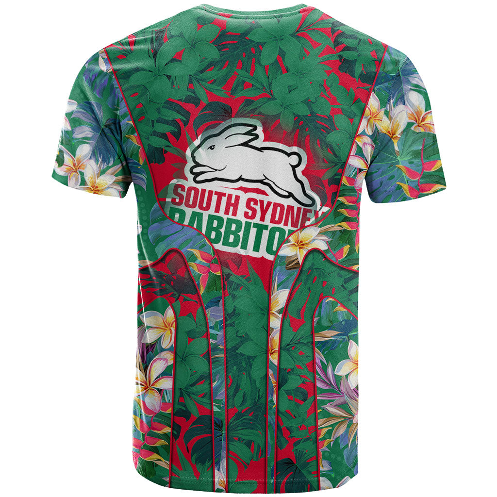 South Sydney Rabbitohs T Shirt Tropical Hibiscus Floral Pattern With Green And Red Accents