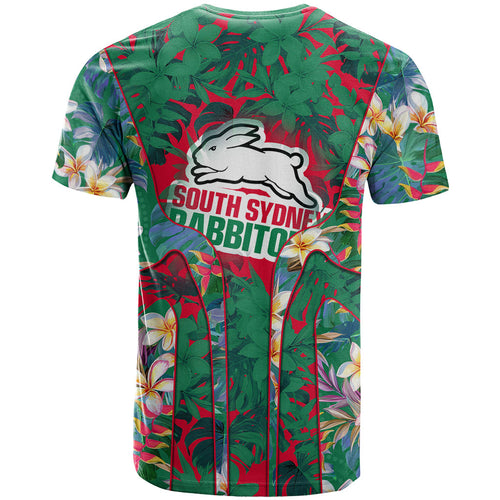 South Sydney Rabbitohs T Shirt Tropical Hibiscus Floral Pattern With Green And Red Accents