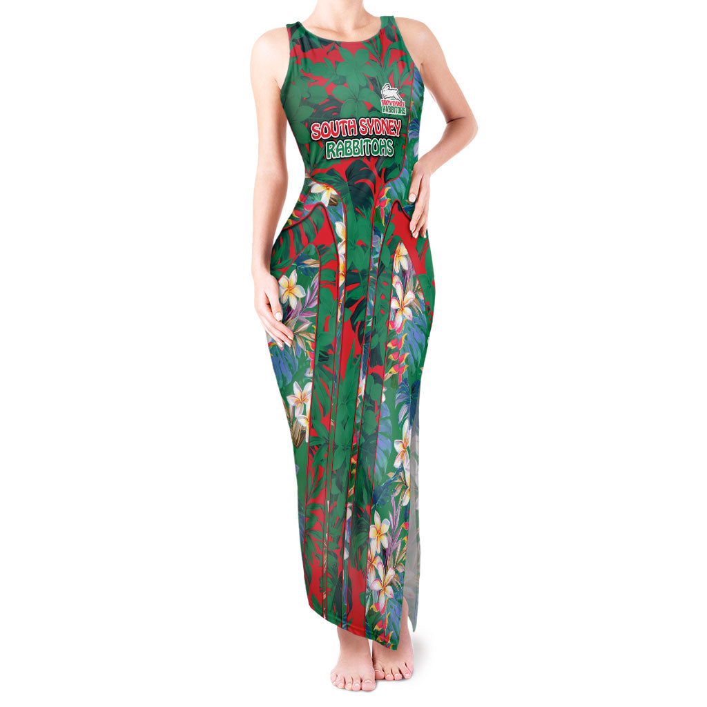 South Sydney Rabbitohs Tank Maxi Dress Tropical Hibiscus Floral Pattern With Green And Red Accents
