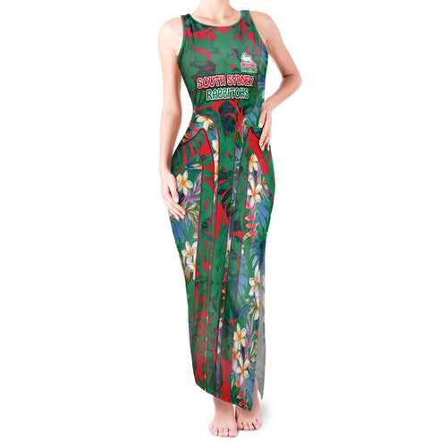 South Sydney Rabbitohs Tank Maxi Dress Tropical Hibiscus Floral Pattern With Green And Red Accents