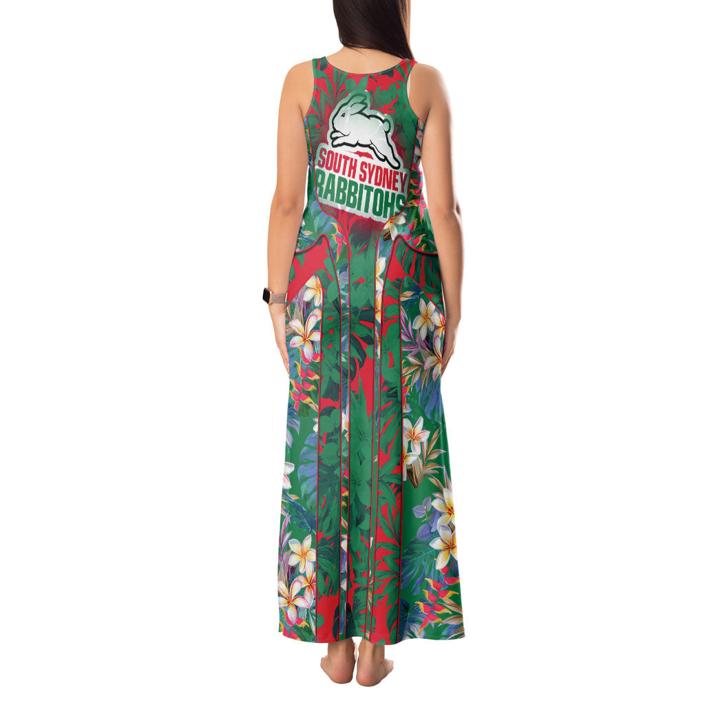 South Sydney Rabbitohs Tank Maxi Dress Tropical Hibiscus Floral Pattern With Green And Red Accents