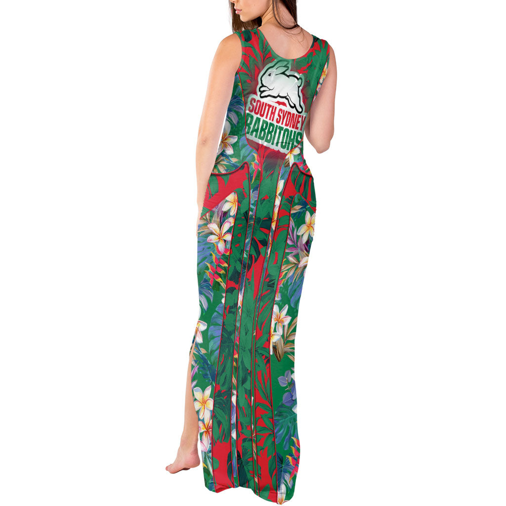 South Sydney Rabbitohs Tank Maxi Dress Tropical Hibiscus Floral Pattern With Green And Red Accents