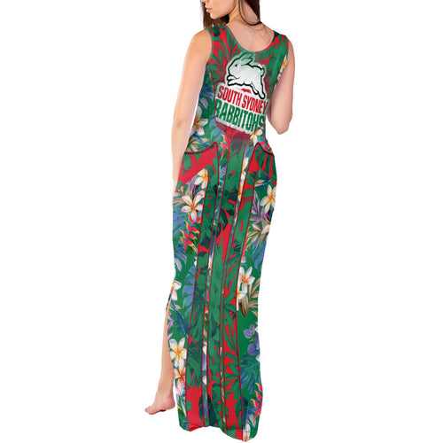 South Sydney Rabbitohs Tank Maxi Dress Tropical Hibiscus Floral Pattern With Green And Red Accents