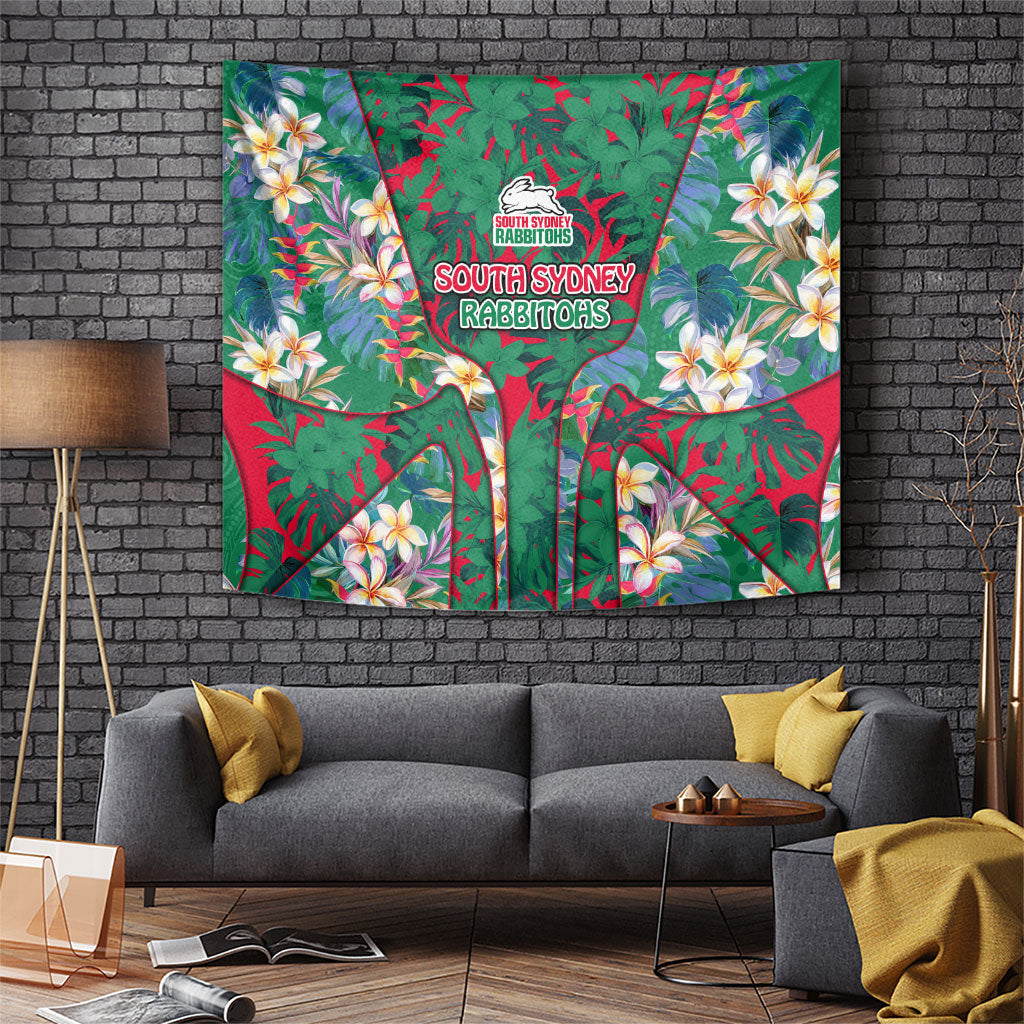 South Sydney Rabbitohs Tapestry Tropical Hibiscus Floral Pattern With Green And Red Accents