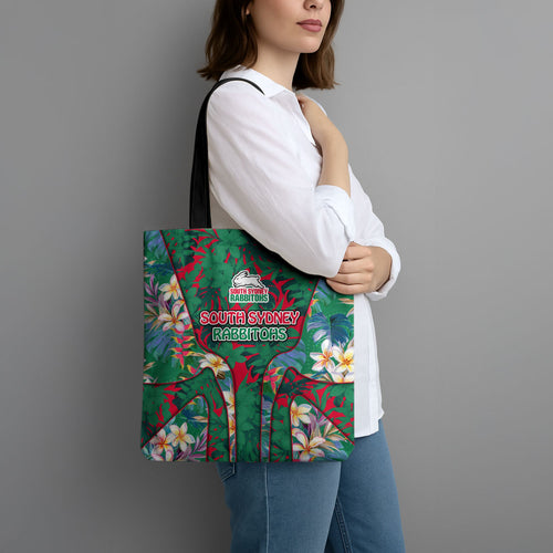 South Sydney Rabbitohs Tote Bag Tropical Hibiscus Floral Pattern With Green And Red Accents