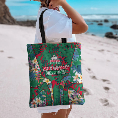 South Sydney Rabbitohs Tote Bag Tropical Hibiscus Floral Pattern With Green And Red Accents