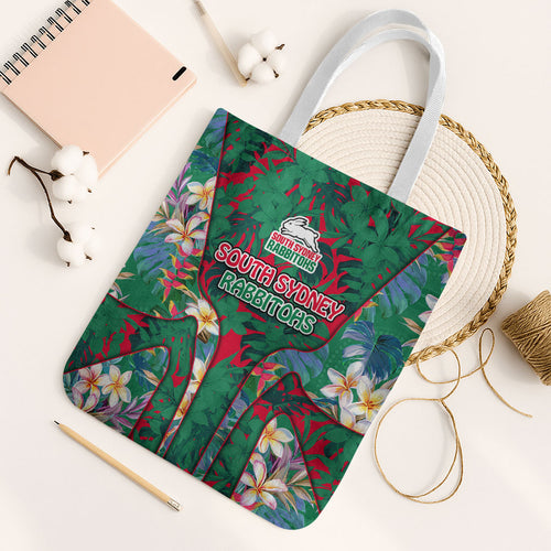 South Sydney Rabbitohs Tote Bag Tropical Hibiscus Floral Pattern With Green And Red Accents